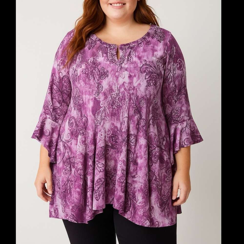 Catherines Pink Crinkle Pleated Beaded Keyhole Neck Georgette Tunic Size 4X‎